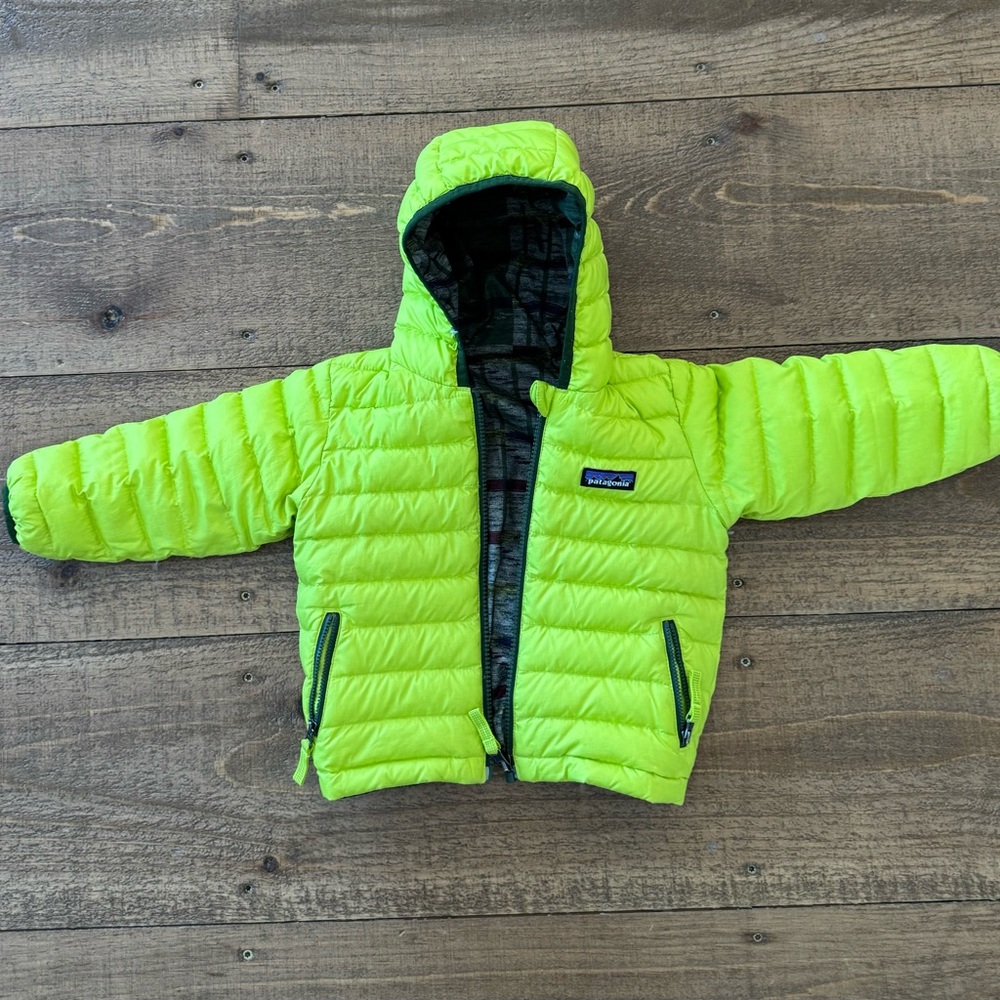 Patagonia Down Sweater Hoody for Toddler, Elwha Ikat / Glare Green, Size 2T